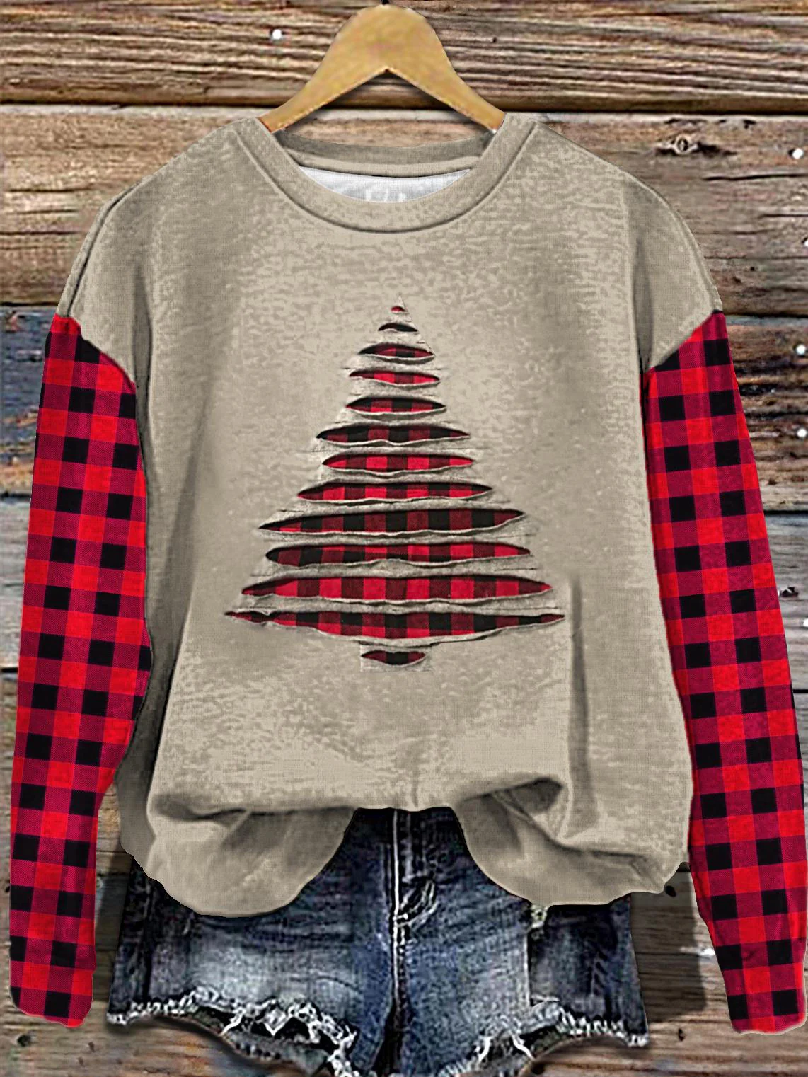 Women's Plaid Christmas Tree Rip Print Long Sleeve Casual Top