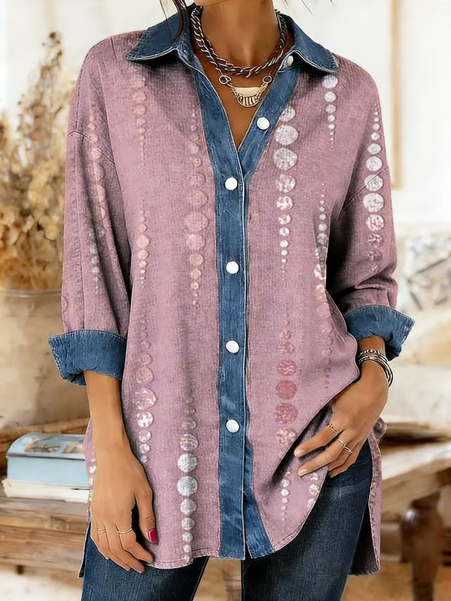 Women's Polka Dot Art Print Denim Patchwork Casual Shirt