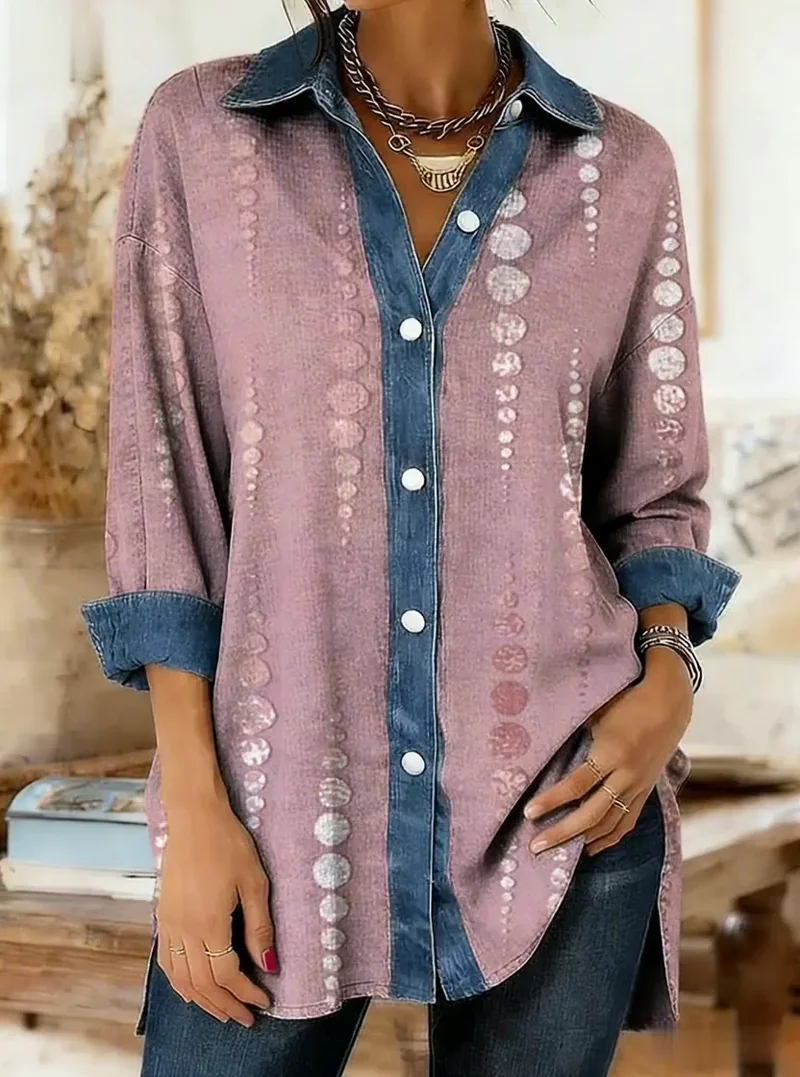 Women's Polka Dot Art Print Denim Patchwork Casual Shirt - Image 2