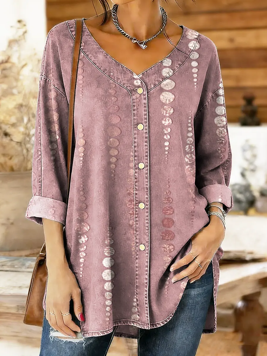 Women's Polka Dot Print Cotton Denim Button-Up Top