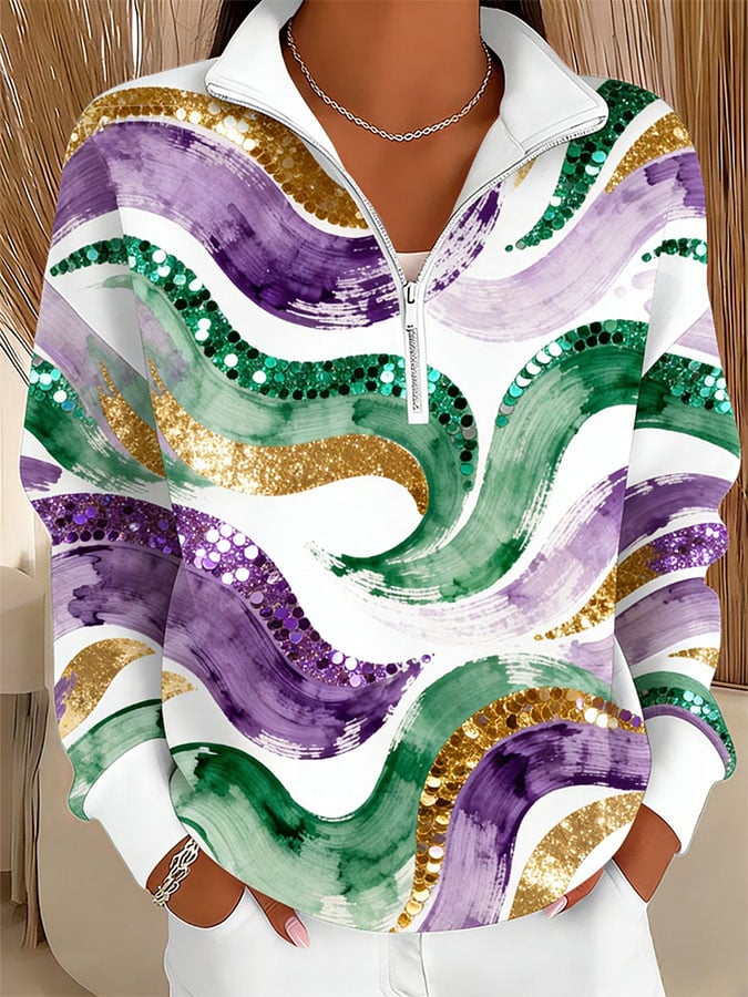 Women's Printed Zip-Up Stand-Collar Sweatshirt