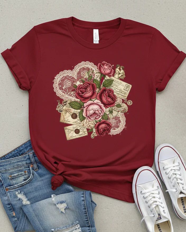 Women's Red Vintage Valentine's Day Romantic Print T-shirt