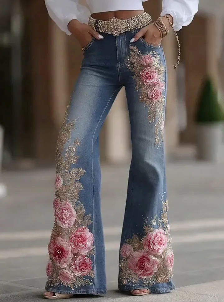 Women's Retro Bohemian Floral Art Print Casual Jeans - Image 2