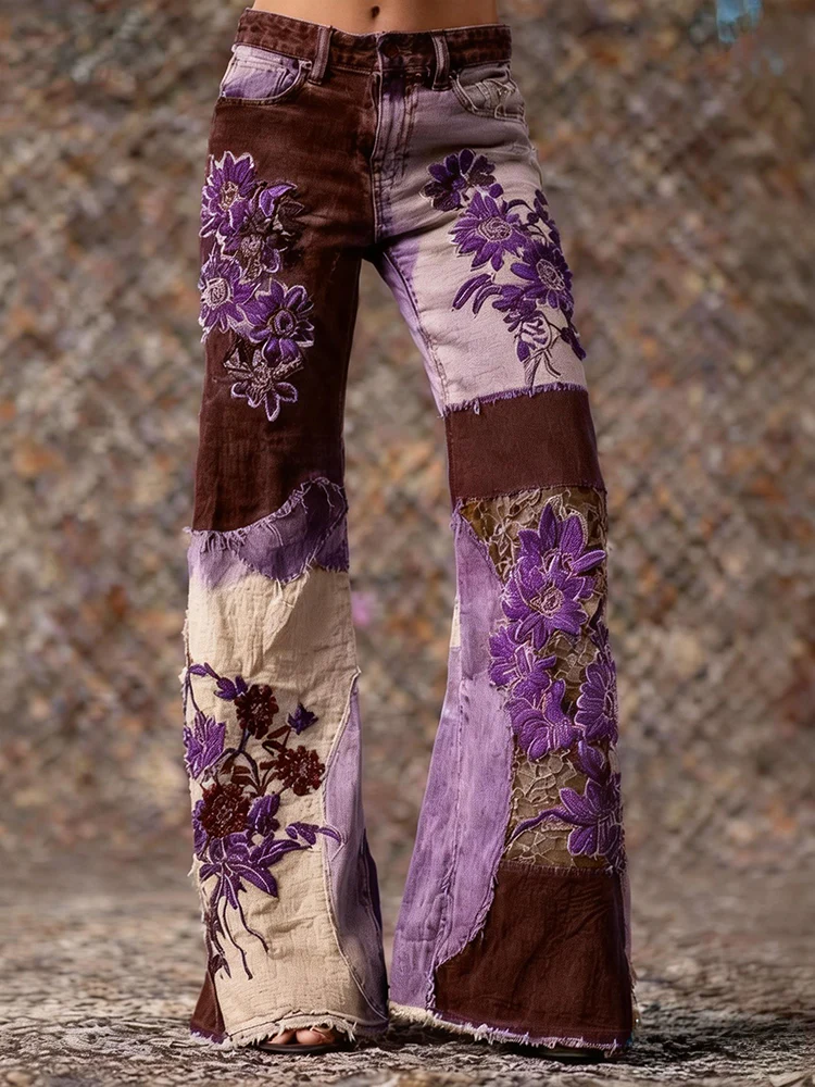 Women's Retro Bohemian Floral Art Print Casual Jeans - Image 2