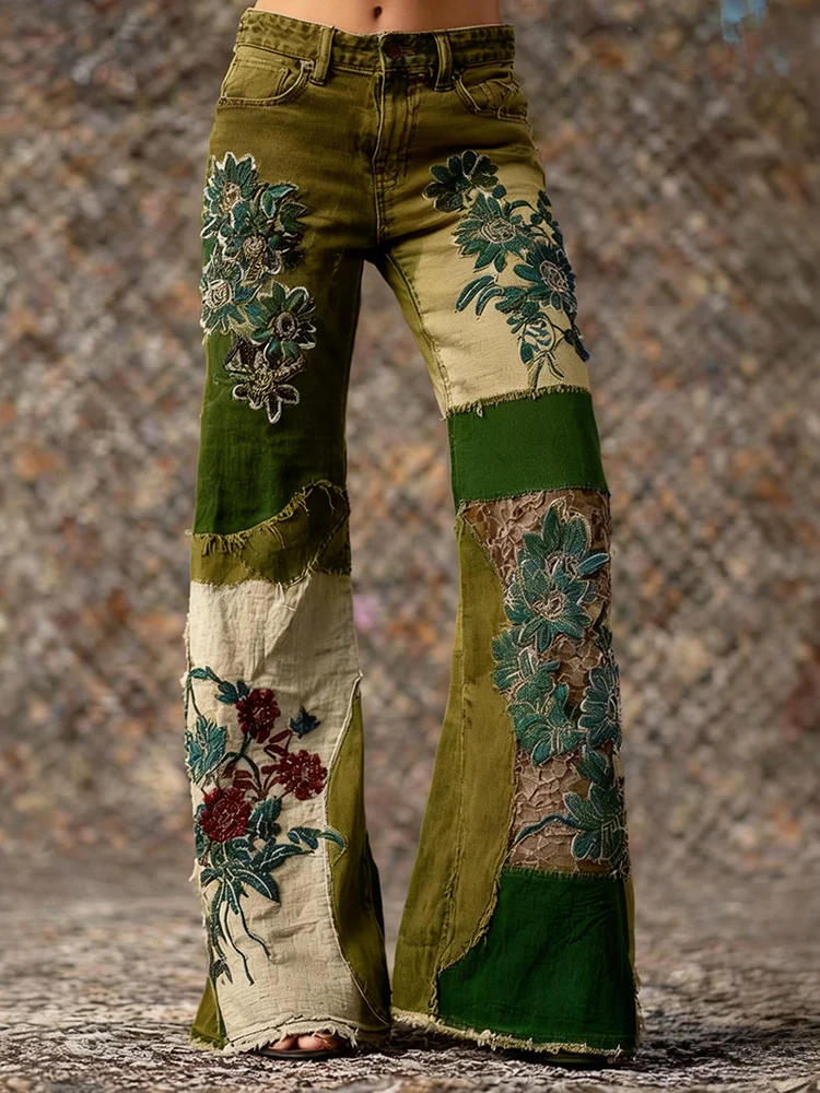 Women's Retro Bohemian Floral Art Print Casual Jeans - Image 3