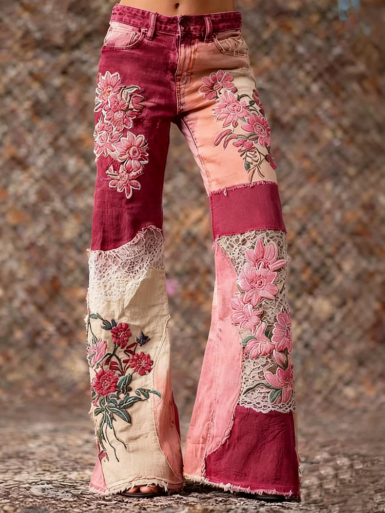 Women's Retro Bohemian Floral Art Print Casual Jeans - Image 4