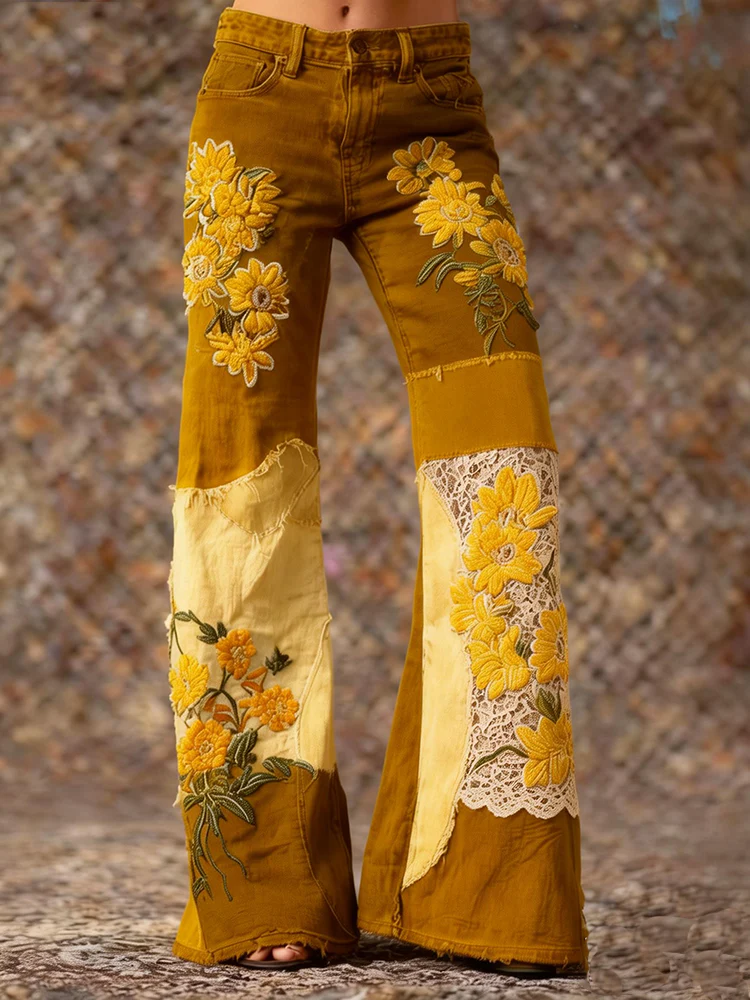 Women's Retro Bohemian Floral Art Print Casual Jeans - Image 7