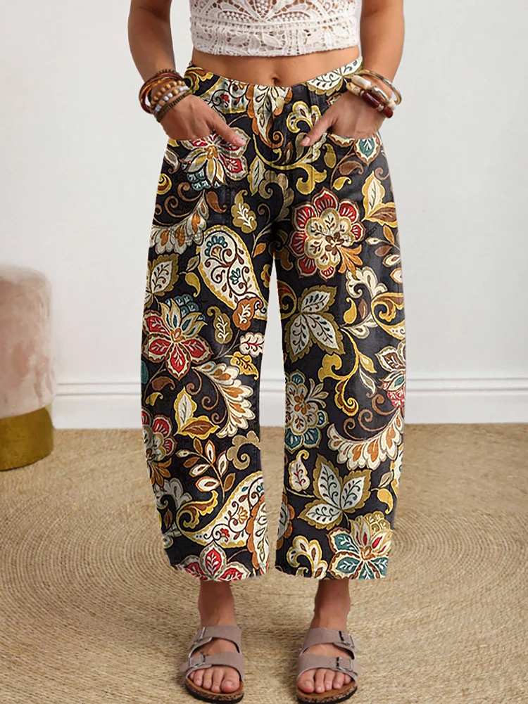 Women's Retro Bohemian Floral Art Print Casual Washed Cotton Jeans