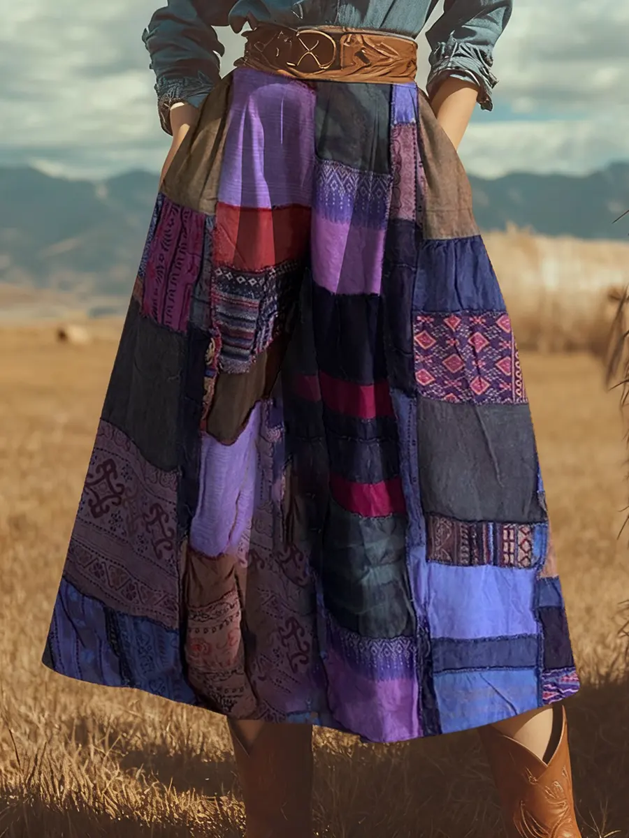Women's Retro Bohemian Patchwork Art Pattern Print Cotton Pocket Skirt