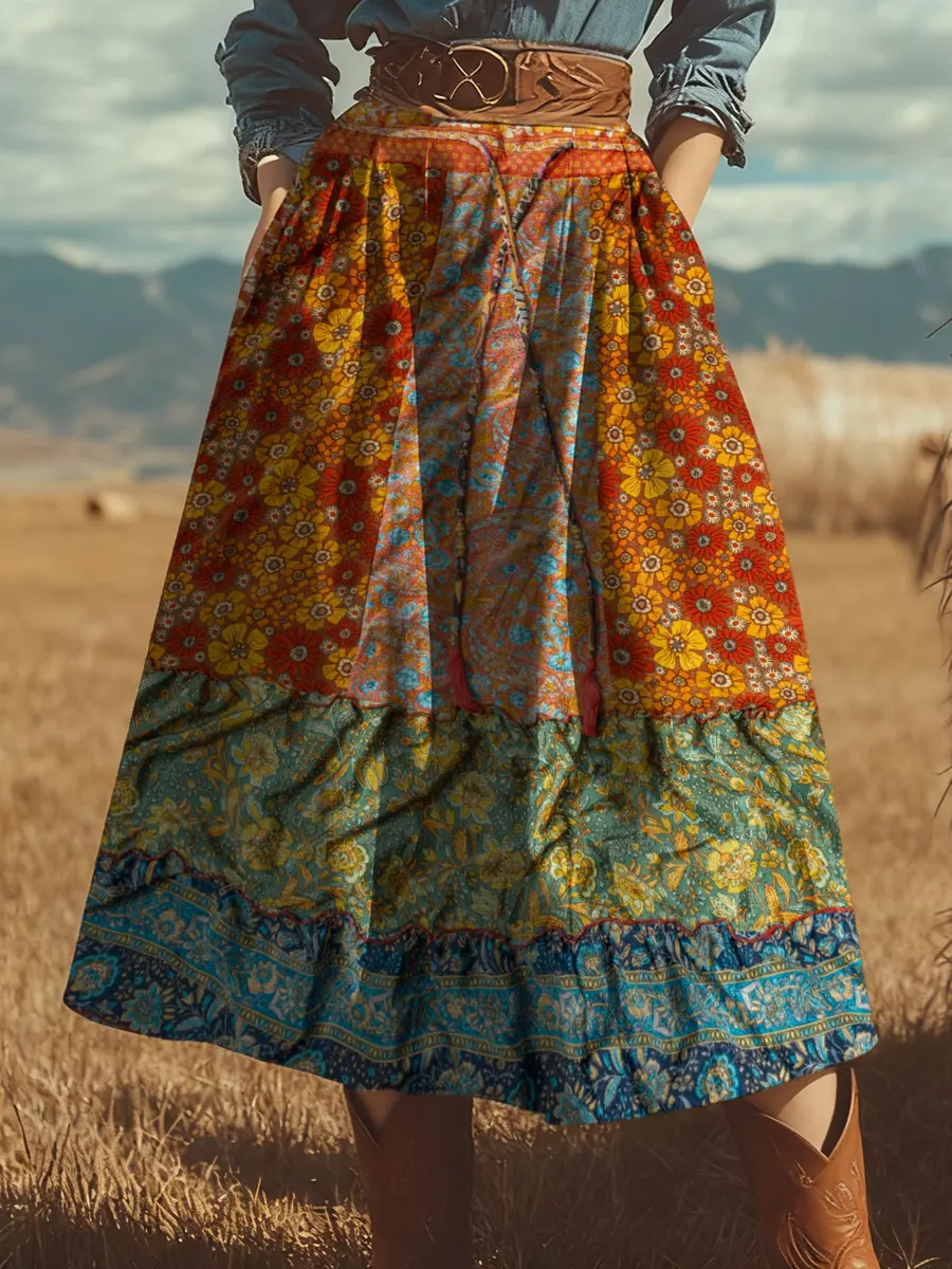 Women's Retro Boho Floral Art Print Cotton Pocket Skirt