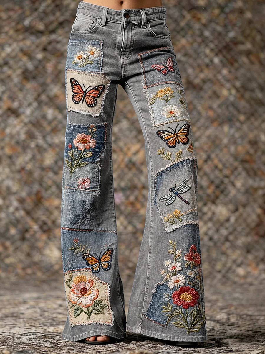 Women's Retro Butterfly And Floral Art Print Casual Washed Cotton Jeans