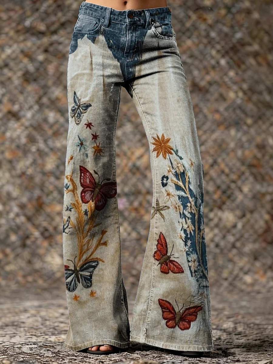 Women's Retro Butterfly And Floral Art Print Casual Washed Cotton Jeans