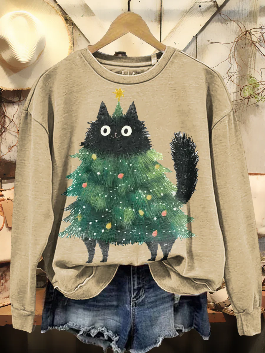 Women's Retro Christmas Art Print Casual Long Sleeve Crew Neck Sweatshirt