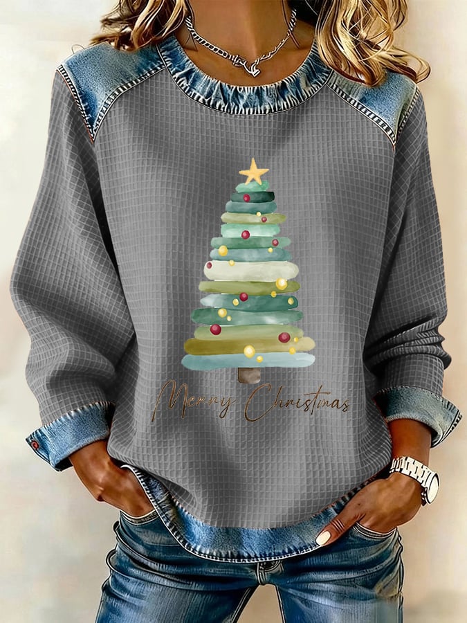 Women's Retro Christmas Tree Print Sweatshirt - Image 3