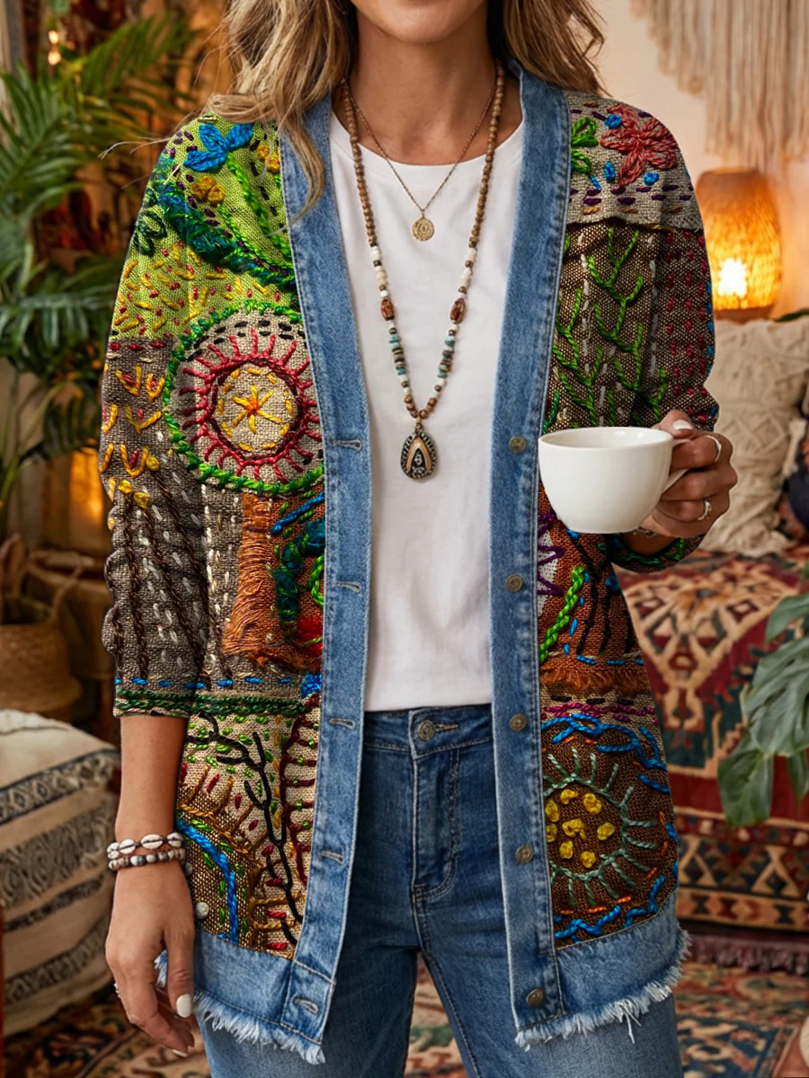 Women's Retro Colorful Art Print Casual Long-Sleeved Washed Cotton Cardigan Coat