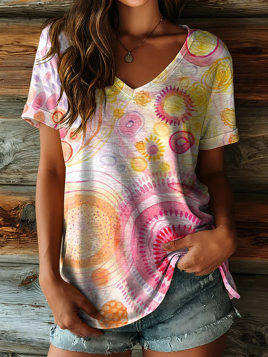 Women's Retro Colorful Art Print Casual Short Sleeve V-Neck Cotton T-Shirt