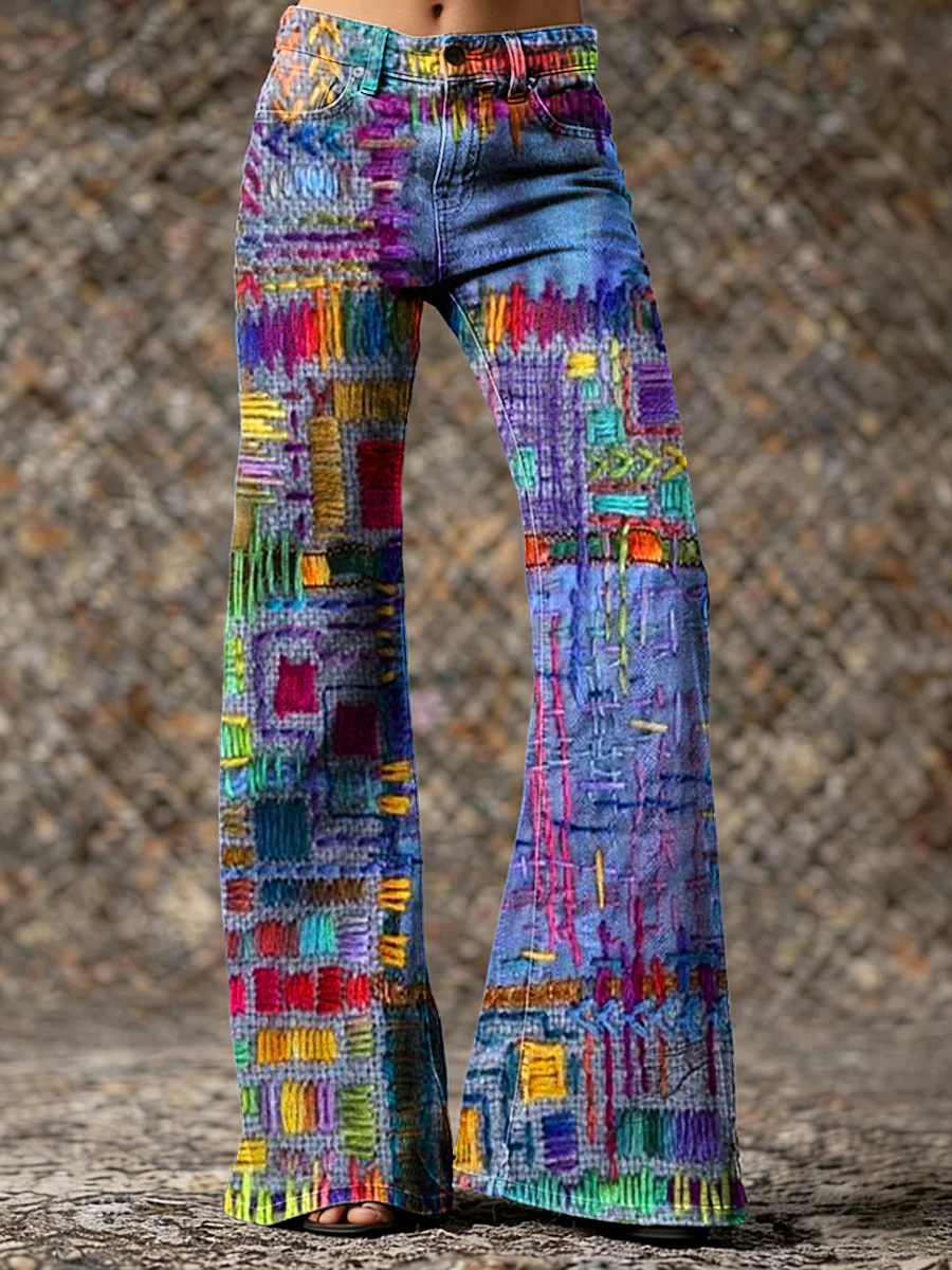 Women's Retro Colorful Art Print Casual Washed Cotton Jeans