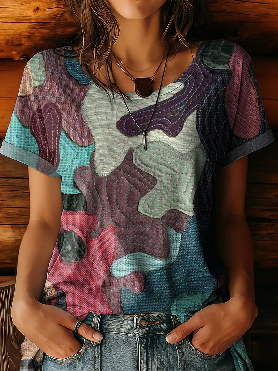 Women's Retro Colorful Collage Art Print Casual Round Neck Short Sleeve T-shirt