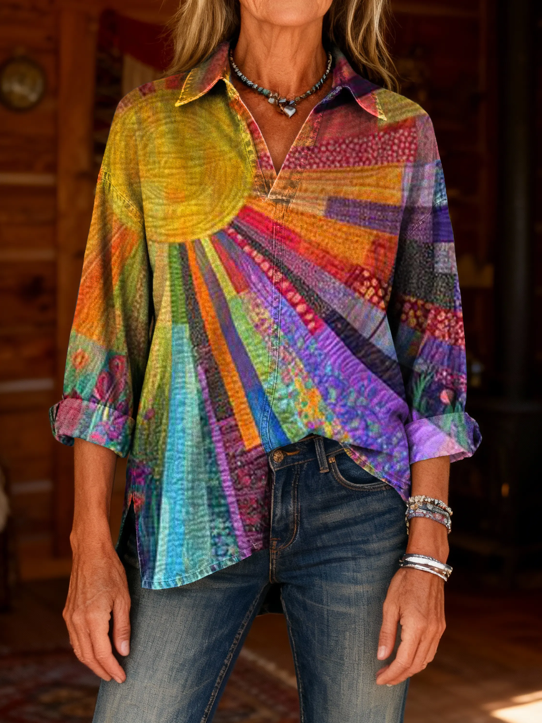 Women's Retro Colorful Patchwork Sun Art Print Casual Washed Denim Cotton Top