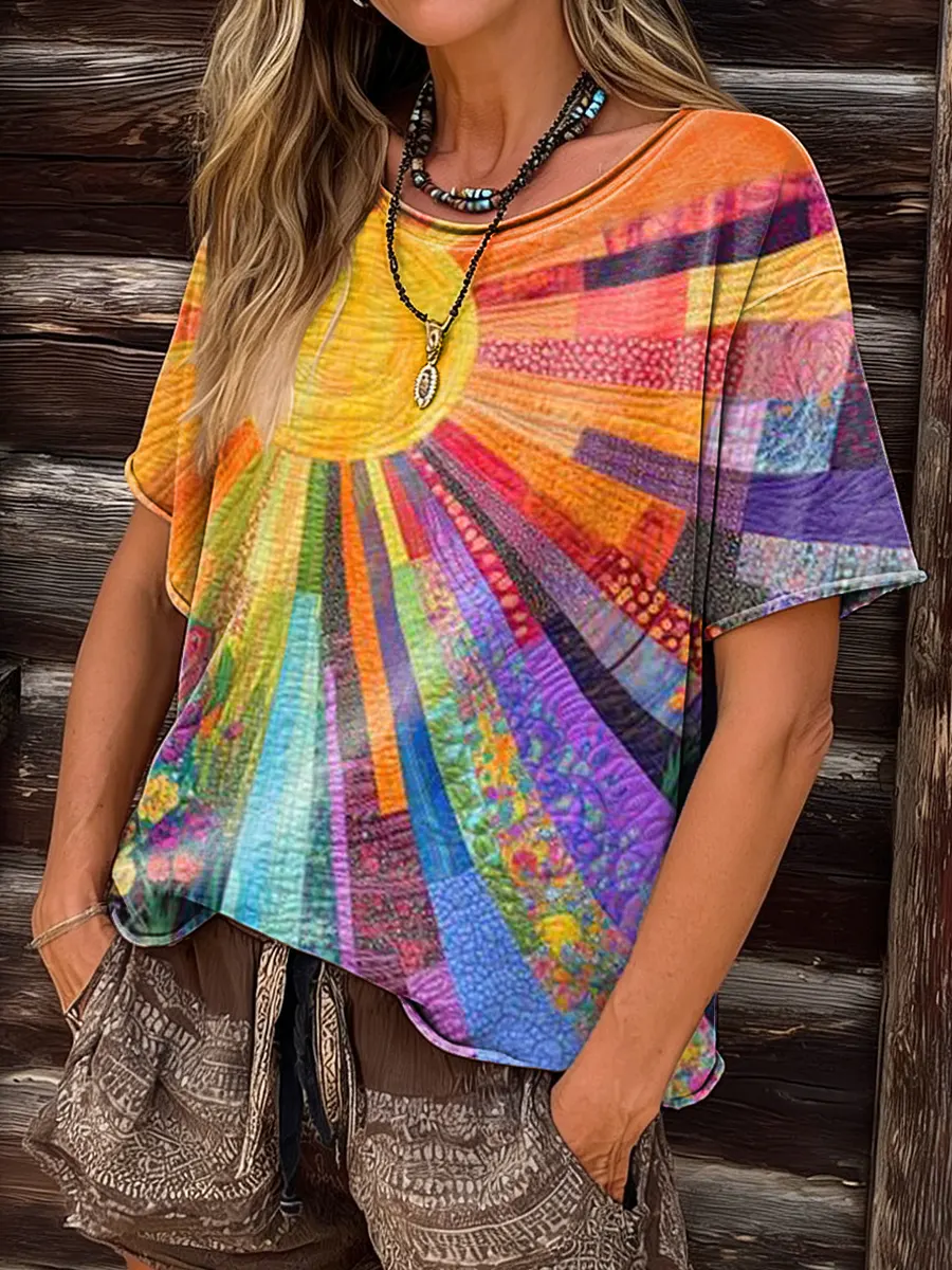 Women's Retro Colorful Patchwork Sun Art Print Crew Neck 100% Cotton T-shirt