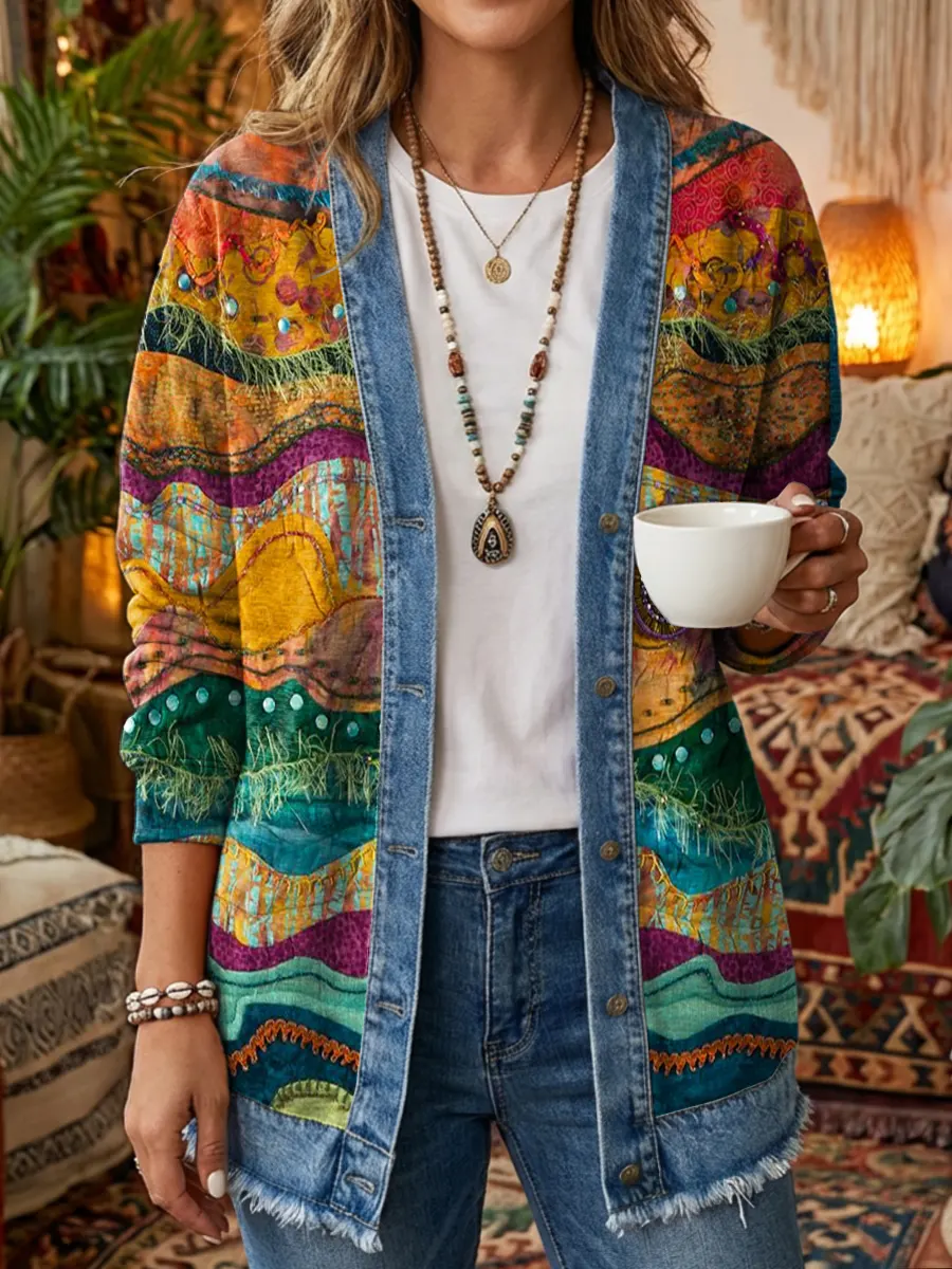 Women's Retro Ethnic Art Print Casual Cotton Denim Patchwork Jacket