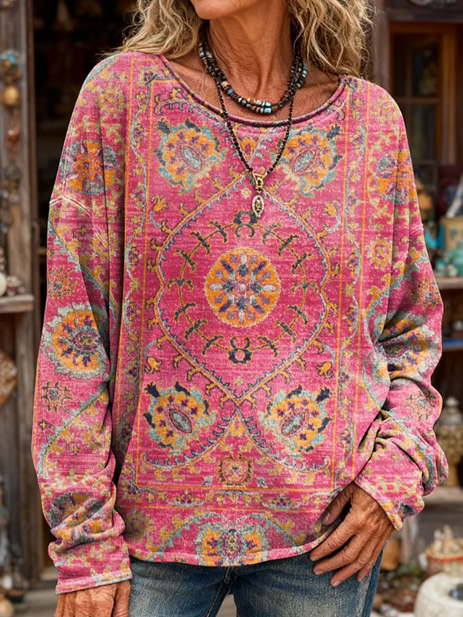Women's Retro Ethnic Art Print Casual Long-Sleeve Crew Neck T-Shirt