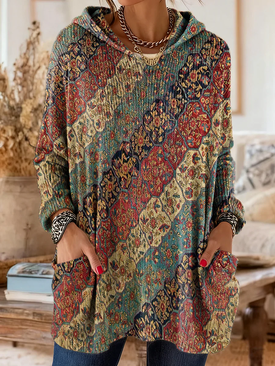 Women's Retro Ethnic Art Print Casual Long-Sleeved Hooded Cotton Knit Sweater