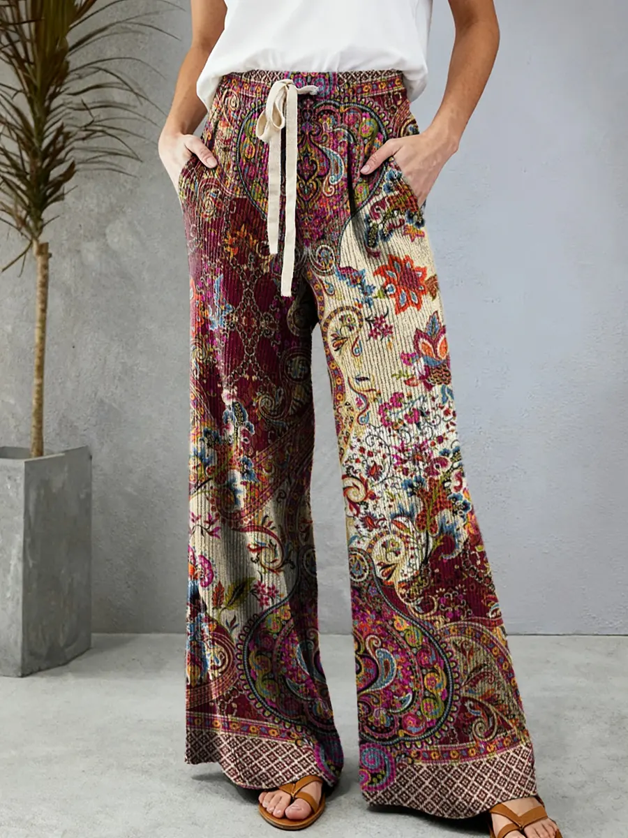 Women's Retro Ethnic Art Print Comfortable Drawstring Knit Trousers