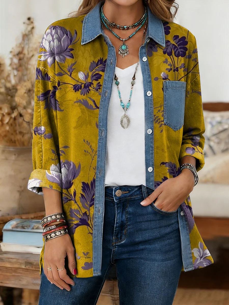 Women's Retro Ethnic Floral Art Print Casual Long-Sleeved Cotton Linen Washed Cotton Denim Shirt