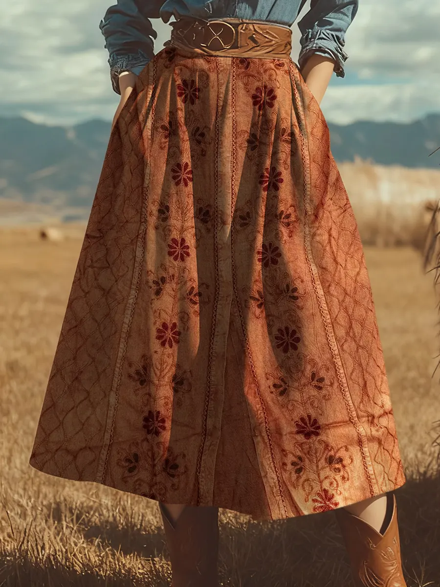Women's Retro Ethnic Floral Art Print Skirt