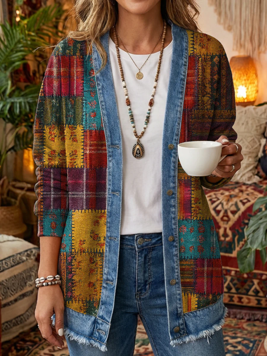 Women's Retro Ethnic Plaid Art Print Casual Long-Sleeved Denim Cardigan Coat