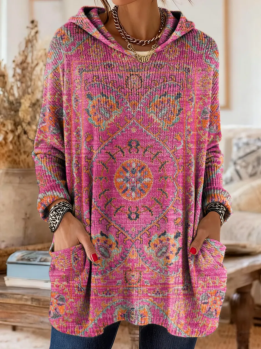 Women's Retro Ethnic Totem Art Print Casual Knitted Pocket Hooded Tunic Top - Image 2