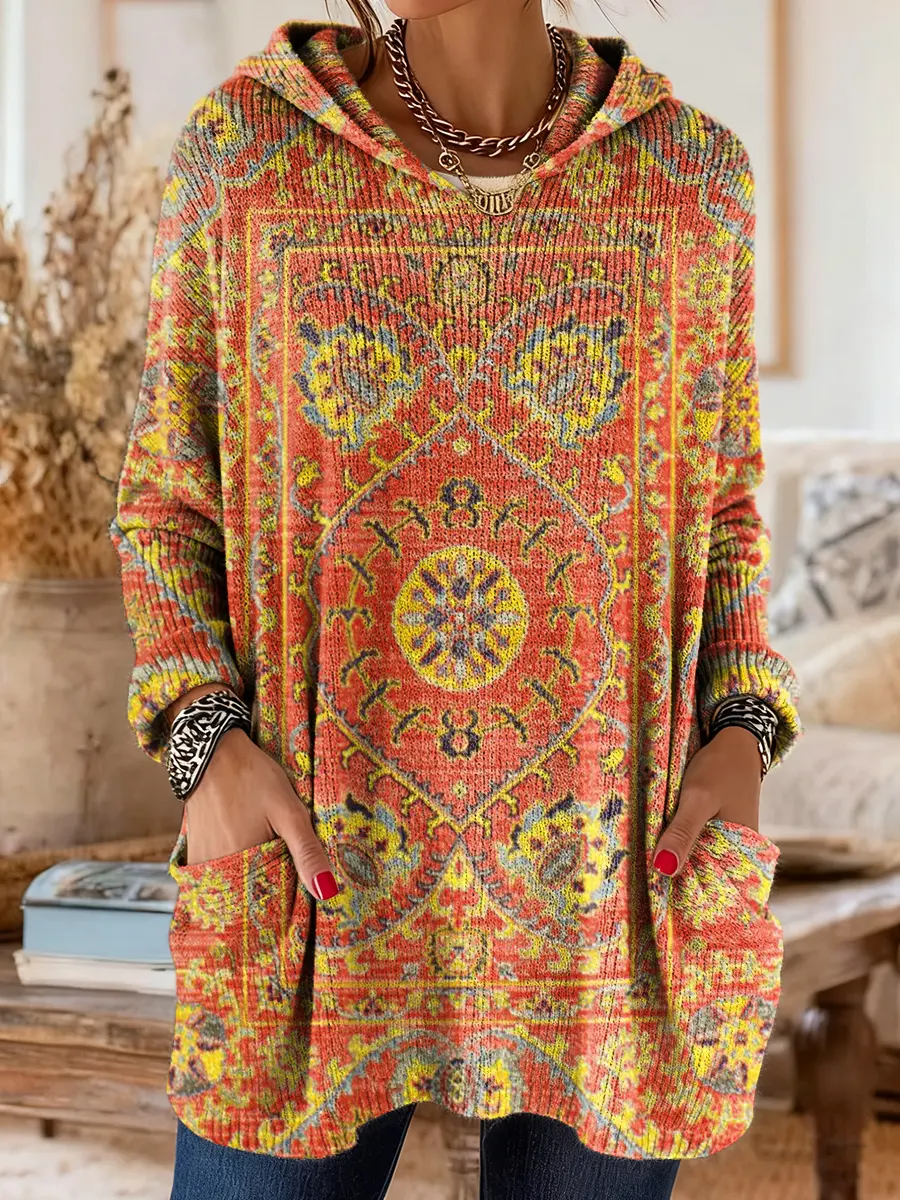 Women's Retro Ethnic Totem Art Print Casual Knitted Pocket Hooded Tunic Top - Image 3