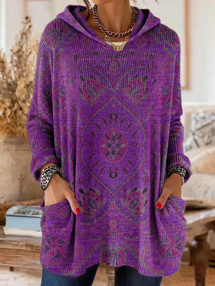 Women's Retro Ethnic Totem Art Print Casual Knitted Pocket Hooded Tunic Top - Image 4