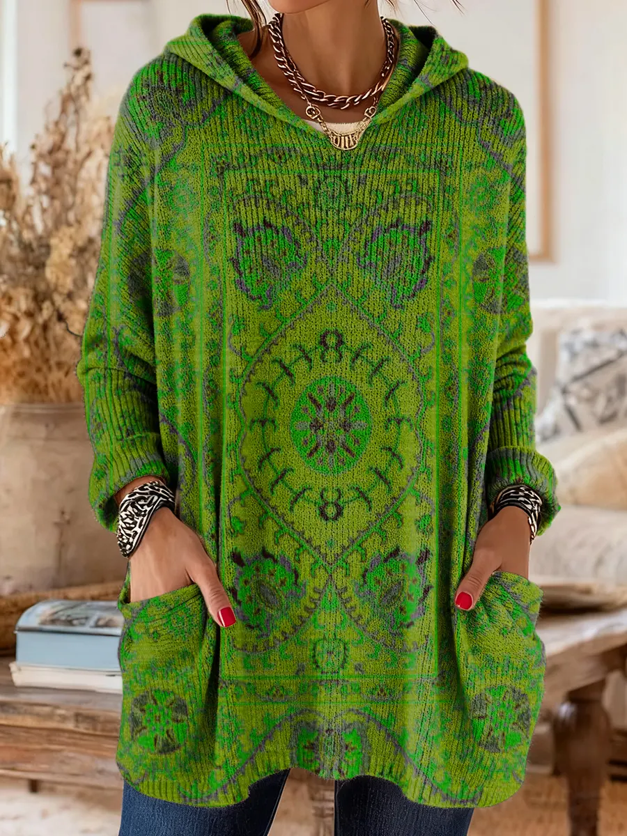 Women's Retro Ethnic Totem Art Print Casual Knitted Pocket Hooded Tunic Top - Image 5