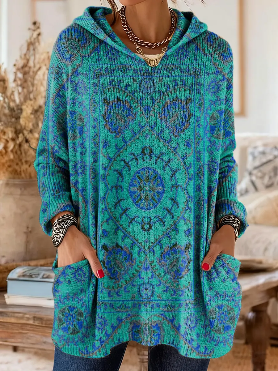 Women's Retro Ethnic Totem Art Print Casual Knitted Pocket Hooded Tunic Top - Image 6