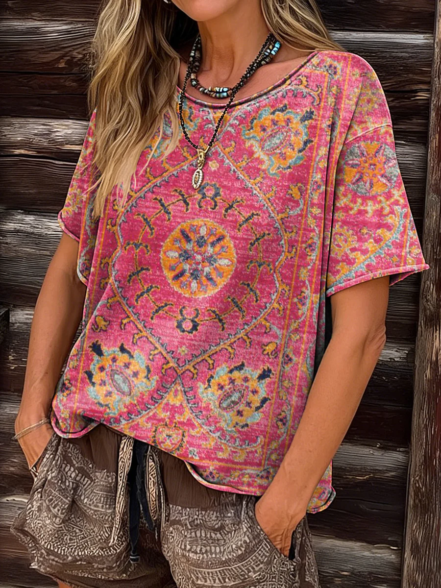 Women's Retro Ethnic Totem Art Print Casual Short-Sleeve Round Neck Cotton T-Shirt