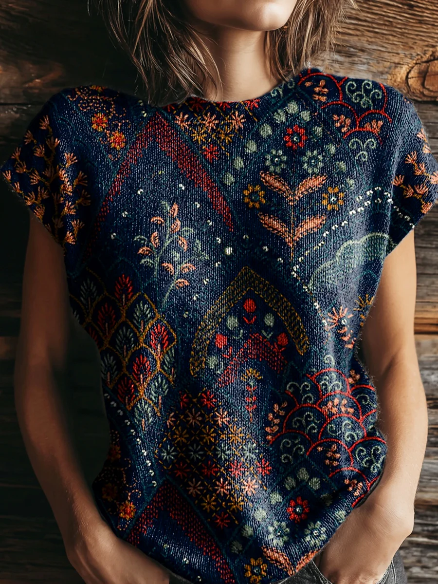 Women's Retro Ethnic Totem Print Casual Crew Neck Short Sleeve Knitted Sweater
