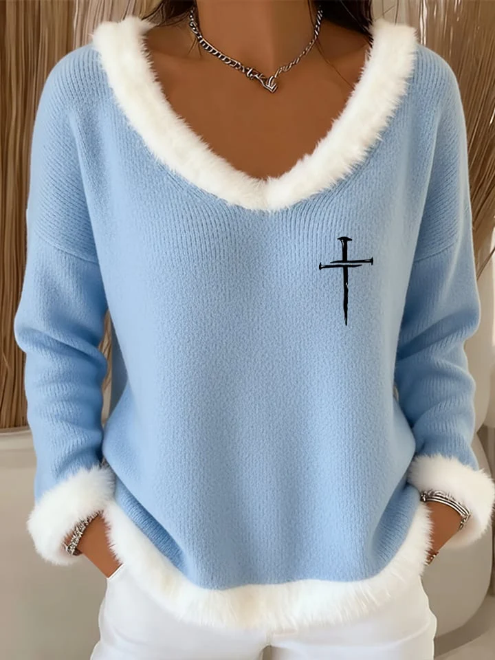 Women's Retro Faith Print Plush Patchwork Design Sweatshirt - Image 2