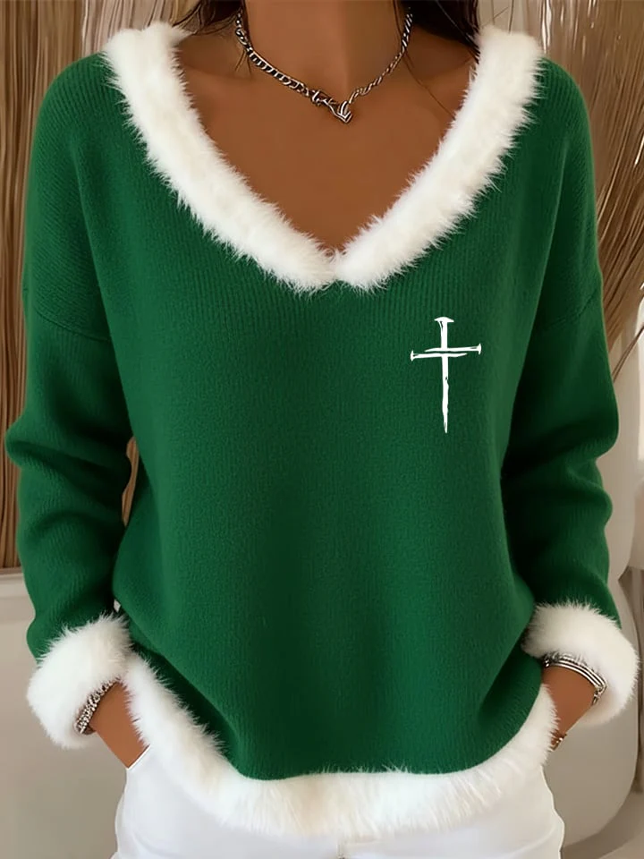Women's Retro Faith Print Plush Patchwork Design Sweatshirt - Image 3