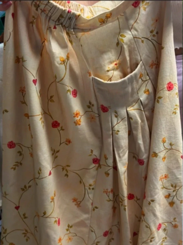 Women's Retro Floral Art Linen Elastic waistband Pocket Skirt - Image 3