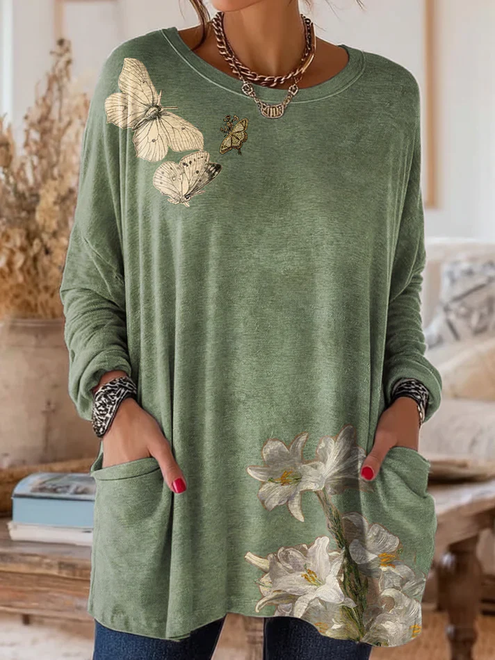 Women's Retro Floral Art Print Casual Long Sleeve Round Neck Cotton T-Shirt