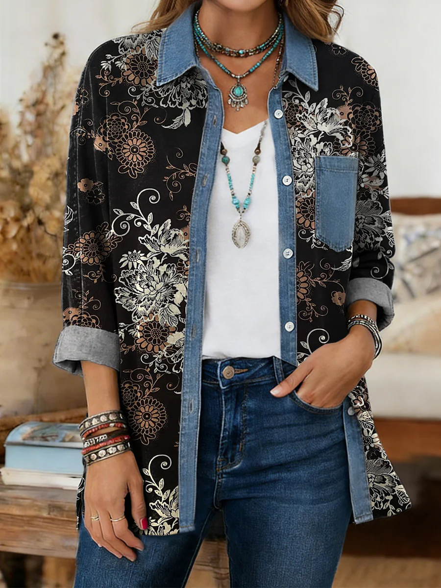 Women's Retro Floral Art Print Casual Long-Sleeved Washed Cotton Denim Shirt