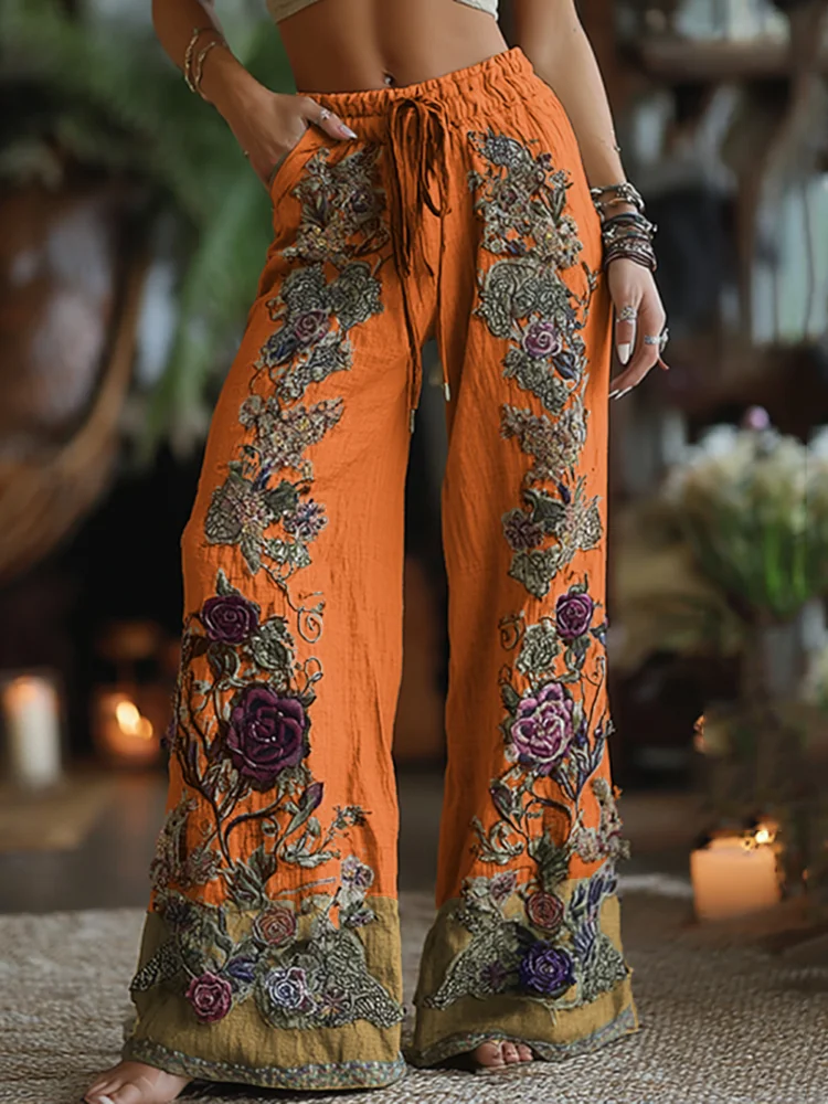 Women's Retro Floral Art Print Casual Pants - Image 3