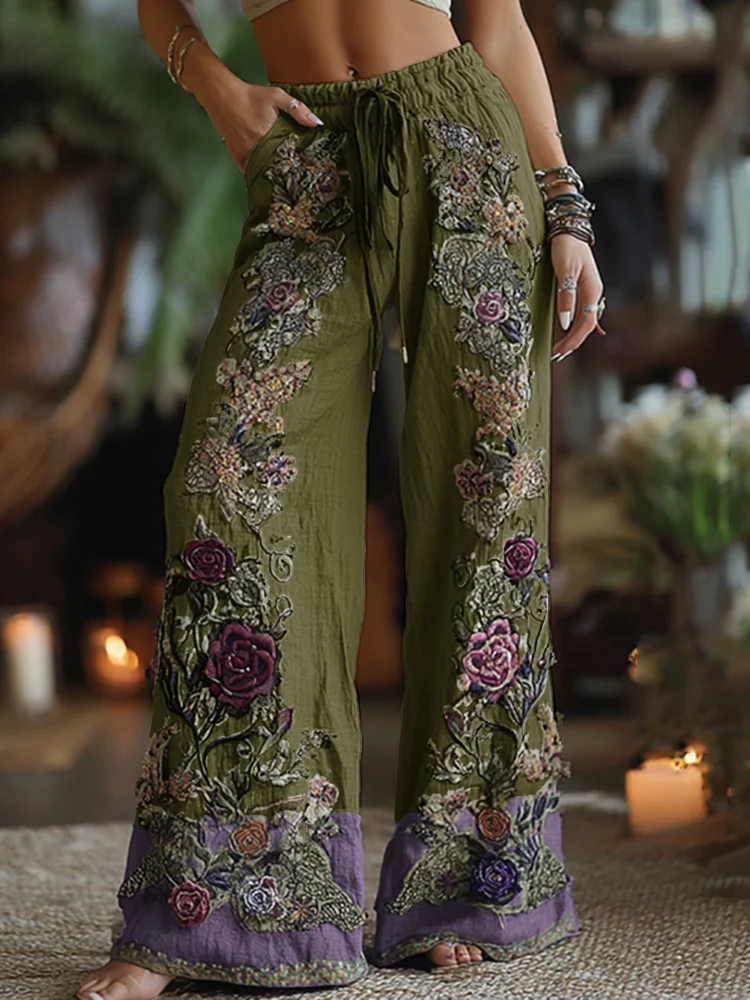 Women's Retro Floral Art Print Casual Pants - Image 4