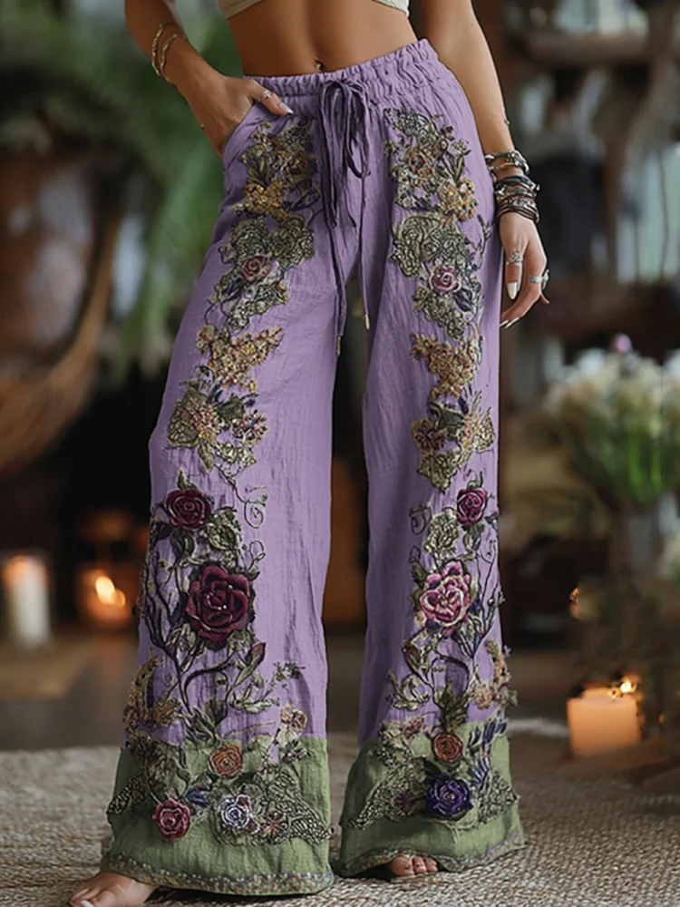 Women's Retro Floral Art Print Casual Pants - Image 5