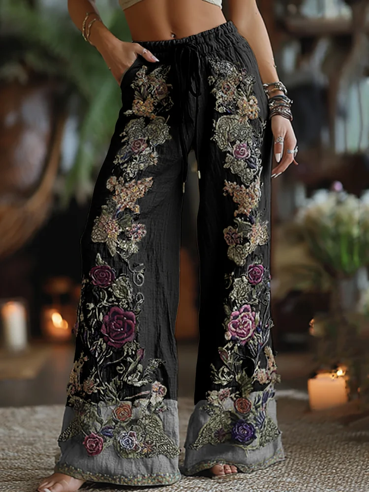 Women's Retro Floral Art Print Casual Pants - Image 7