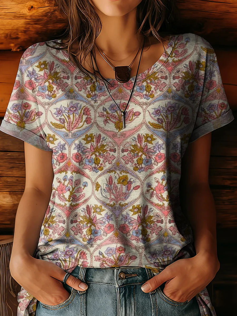 Women's Retro Floral Art Print Casual Short-Sleeve Round Neck Cotton T-Shirt