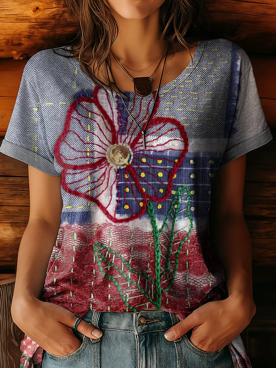 Women's Retro Floral Art Print Casual Short-Sleeve Round Neck Cotton T-Shirt