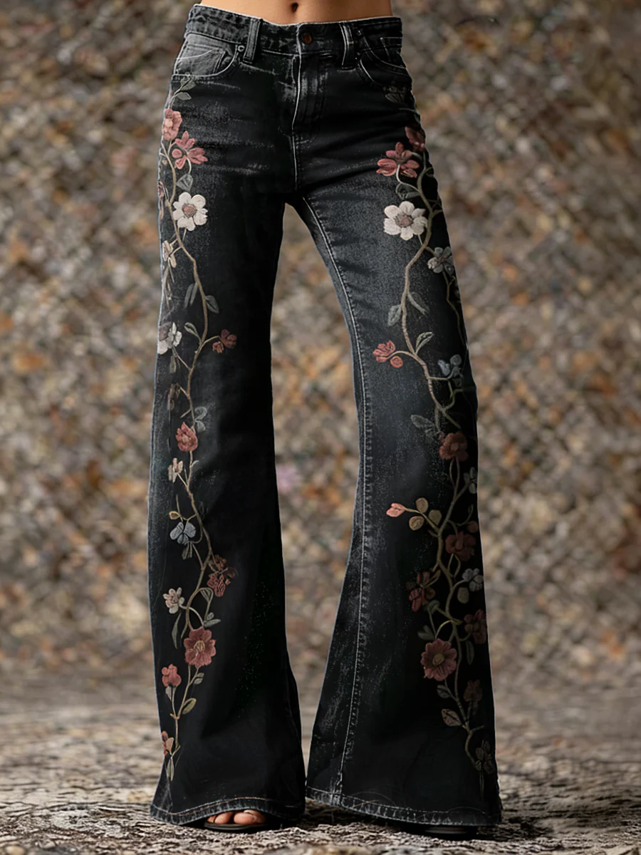 Women's Retro Floral Art Print Casual Washed Cotton Jeans